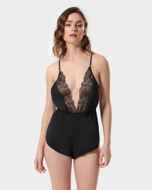 Bluebella Romee Luxury Satin Teddy Bodysuit Black | USARW3203