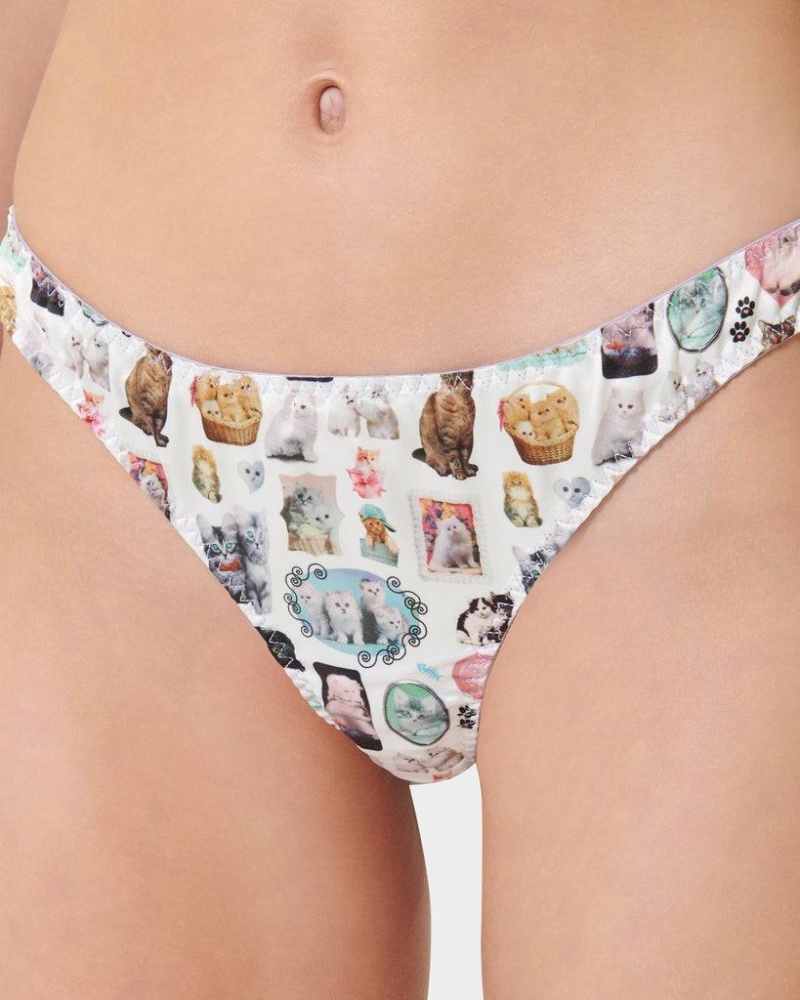 Bluebella BB x Ashley Williams Kitten Print Luxury Satin Thong Panties Multicolor | USADN3167