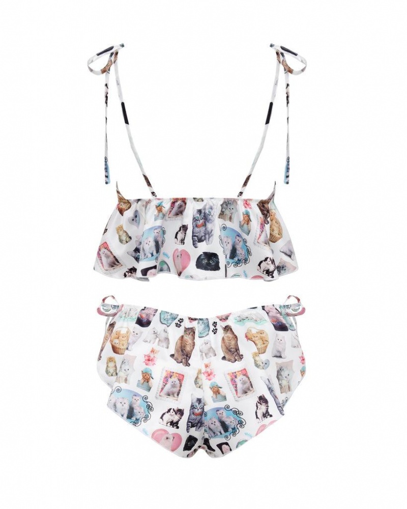 Bluebella BB x Ashley Williams Kitten Print Luxury Satin Crop Cami and Short Sets Multicolor | USAJJ3454