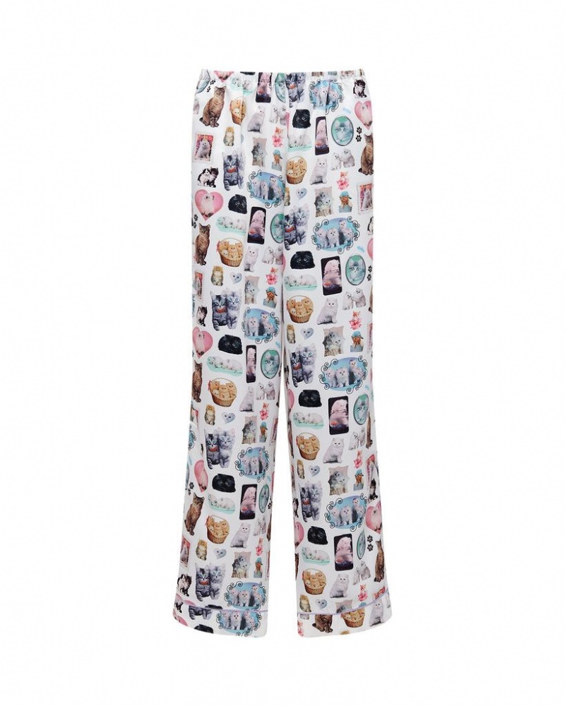 Bluebella BB x Ashley Williams Kitten Print Luxury Satin Trousers Nightwear Multicolor | USASO3460