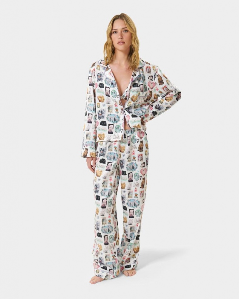 Bluebella BB x Ashley Williams Kitten Print Luxury Satin Trousers Nightwear Multicolor | USASO3460