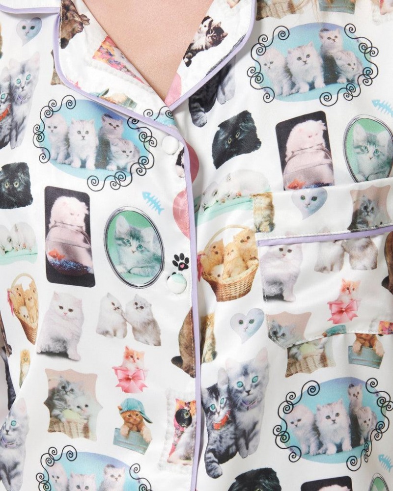 Bluebella BB x Ashley Williams Kitten Print Luxury Satin Shirt Nightwear Multicolor | USAAP3461