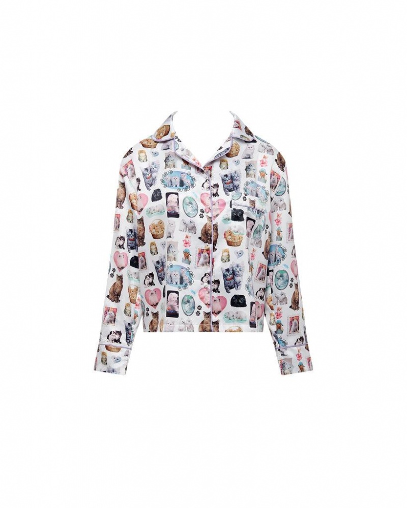 Bluebella BB x Ashley Williams Kitten Print Luxury Satin Shirt Nightwear Multicolor | USAAP3461