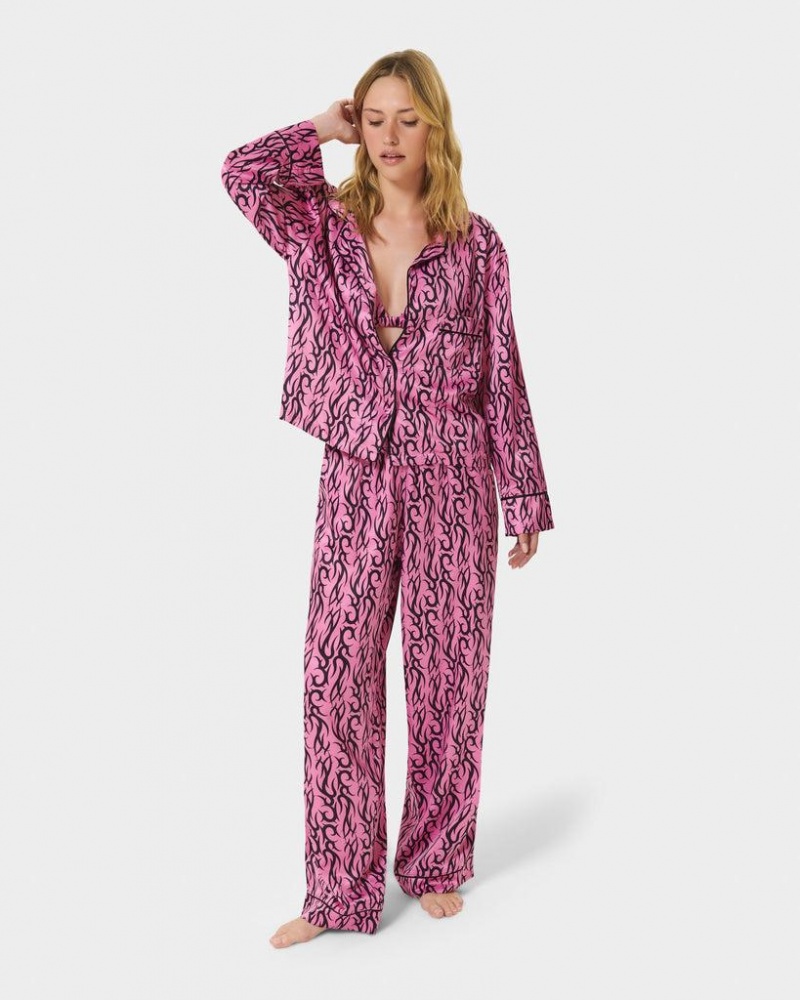 Bluebella BB x Ashley Williams Tattoo Print Luxury Satin Trousers Nightwear Pink / Black | USAHK3456