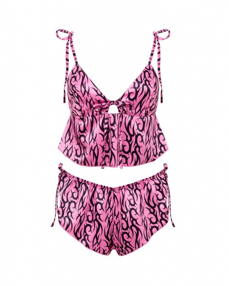 Bluebella BB x Ashley Williams Tattoo Print Luxury Satin Crop Cami and Short Sets Pink / Black | USAPQ3462