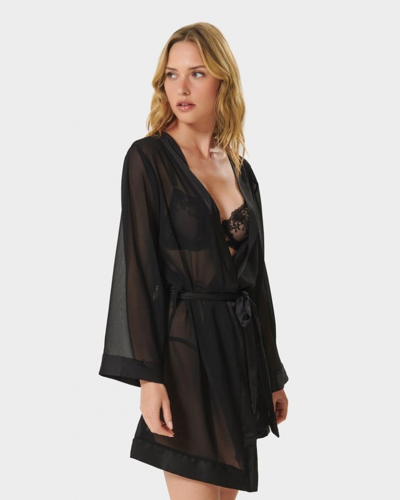 Bluebella Chiffon Kimono Nightwear Black | USANB3446