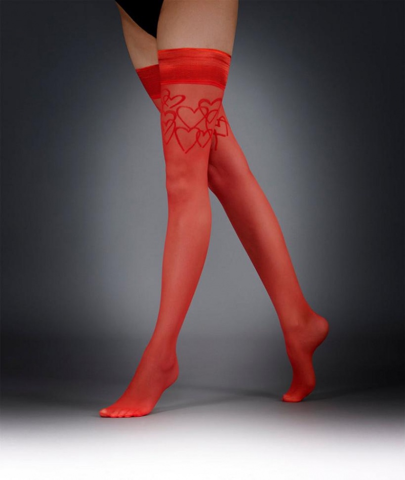 Bluebella Hearts Leg/Plain Top Thigh Highs Stockings Red | USASO3478