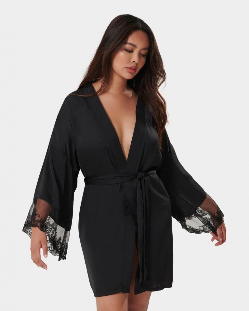 Bluebella Marseille Luxury Satin Kimono Nightwear Black | USAUT3465