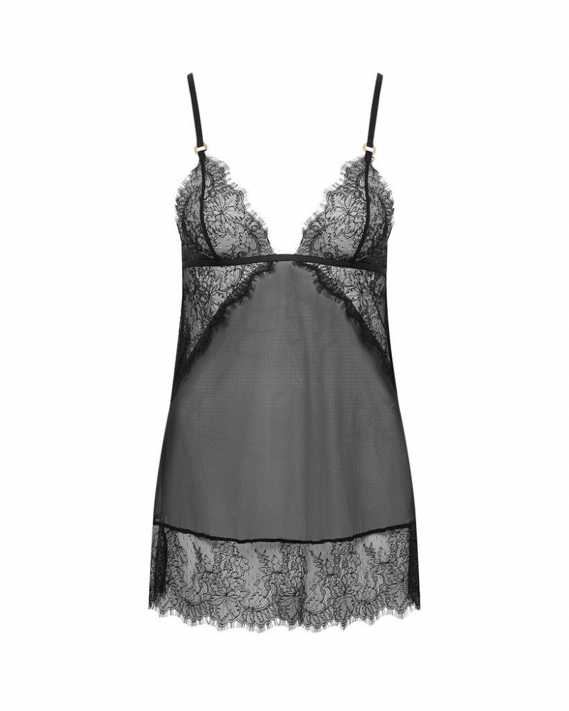 Bluebella Peony Short Chemise and Thong Sets Black | USASO3426