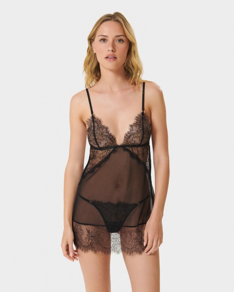 Bluebella Peony Short Chemise and Thong Sets Black | USASO3426