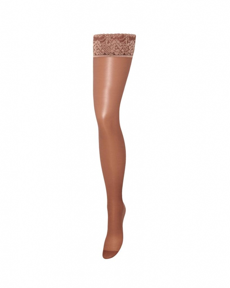 Bluebella Plain Leg/Lace Top Thigh Highs Caramel Stockings Khaki | USAWY3470