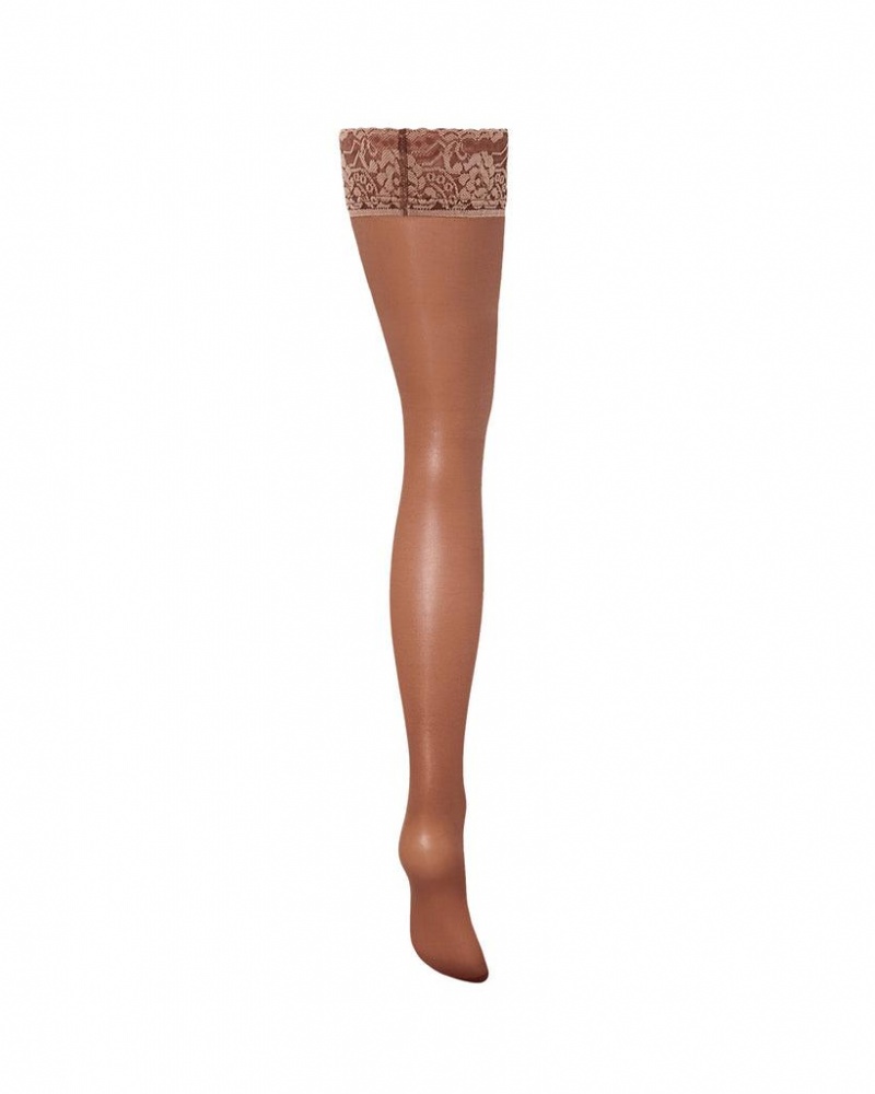 Bluebella Plain Leg/Lace Top Thigh Highs Caramel Stockings Khaki | USAWY3470