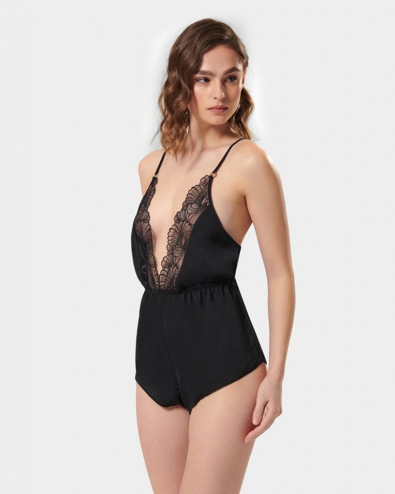 Bluebella Romee Luxury Satin Teddy Bodysuit Black | USARW3203